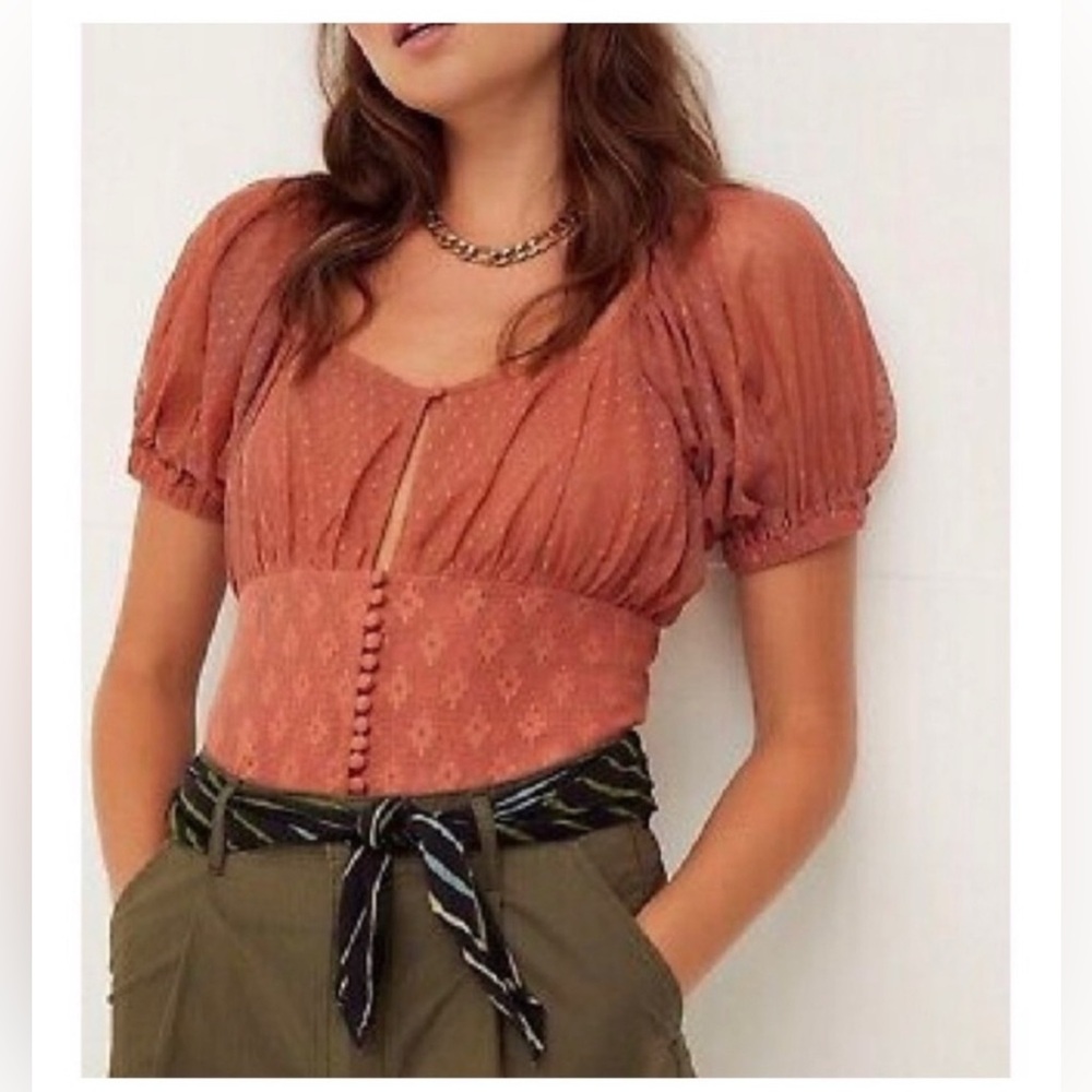 Free People Rusty Rose Heartstrings Lace Mesh Smock Puff Sleeve Crop - Sz Small